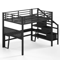 Bellemave® Loft Bed with Movable Desk, Storage Stairs & Shelves, Metal Bed with LED Lights, USB Ports, Multifunctional Iron Nets for Adults, Kids, Teens - Bellemave
