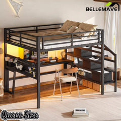 Bellemave® Loft Bed with Movable Desk, Storage Stairs & Shelves, Metal Bed with LED Lights, USB Ports, Multifunctional Iron Nets for Adults, Kids, Teens - Bellemave