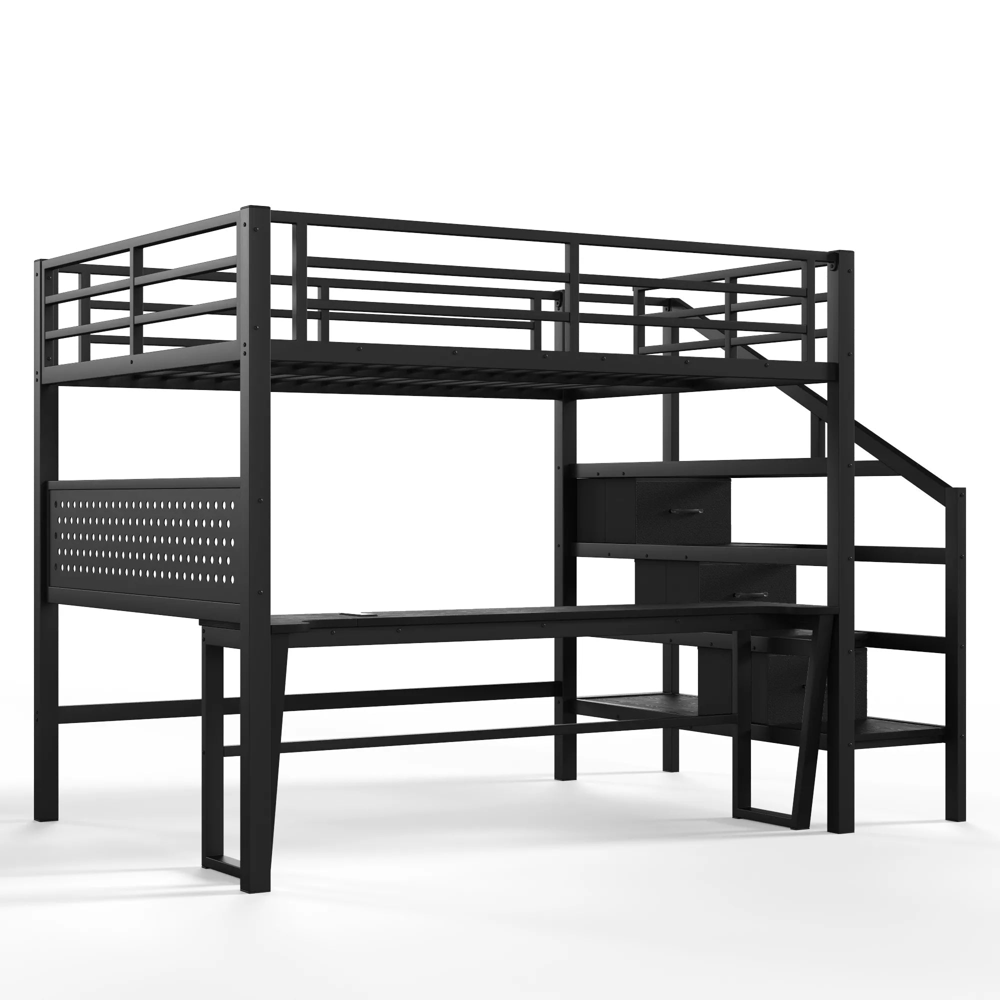 Bellemave® Loft Bed with Movable Desk, Storage Stairs & Shelves, Metal Bed with LED Lights, USB Ports, Multifunctional Iron Nets for Adults, Kids, Teens - Bellemave