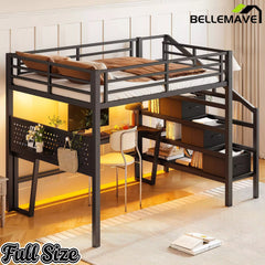 Bellemave® Loft Bed with Movable Desk, Storage Stairs & Shelves, Metal Bed with LED Lights, USB Ports, Multifunctional Iron Nets for Adults, Kids, Teens - Bellemave