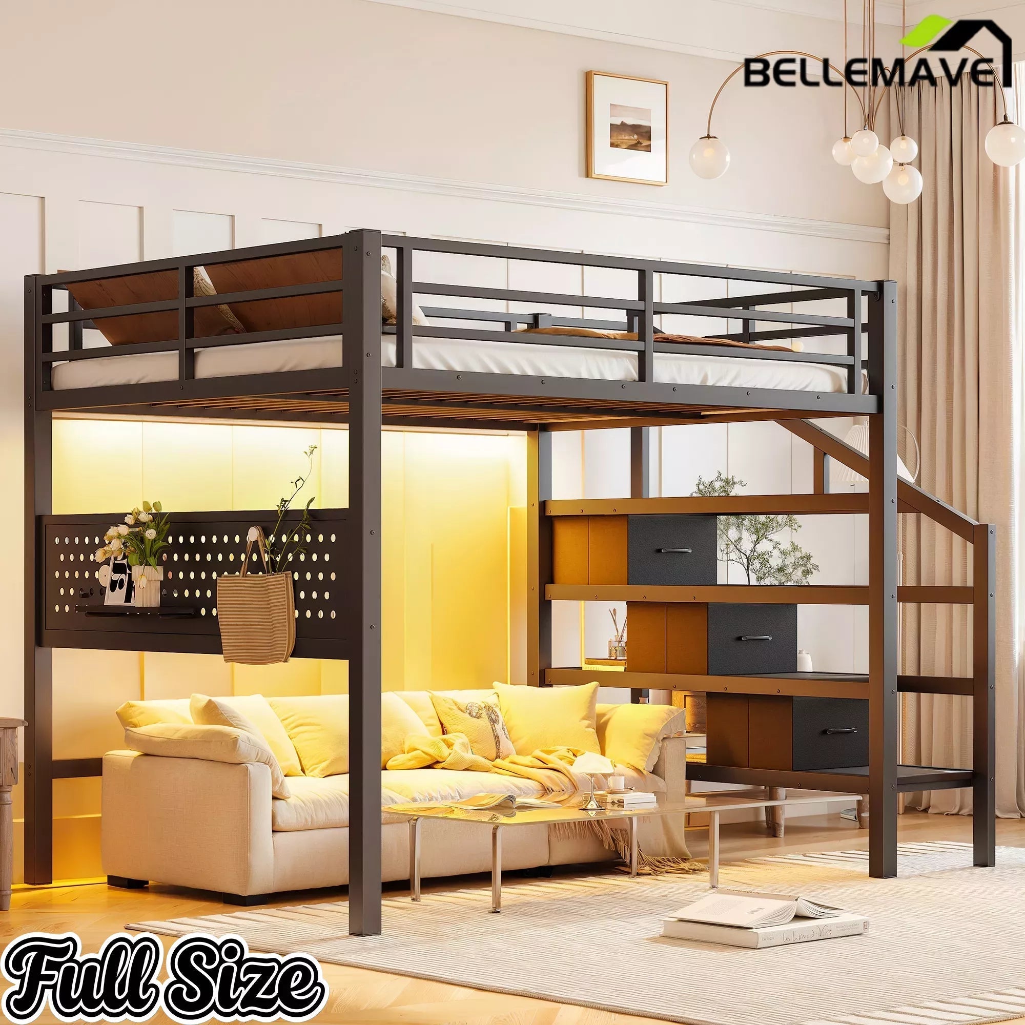 Bellemave® Loft Bed with Movable Desk, Storage Stairs & Shelves, Metal Bed with LED Lights, USB Ports, Multifunctional Iron Nets for Adults, Kids, Teens - Bellemave