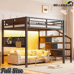 Bellemave® Loft Bed with Movable Desk, Storage Stairs & Shelves, Metal Bed with LED Lights, USB Ports, Multifunctional Iron Nets for Adults, Kids, Teens - Bellemave