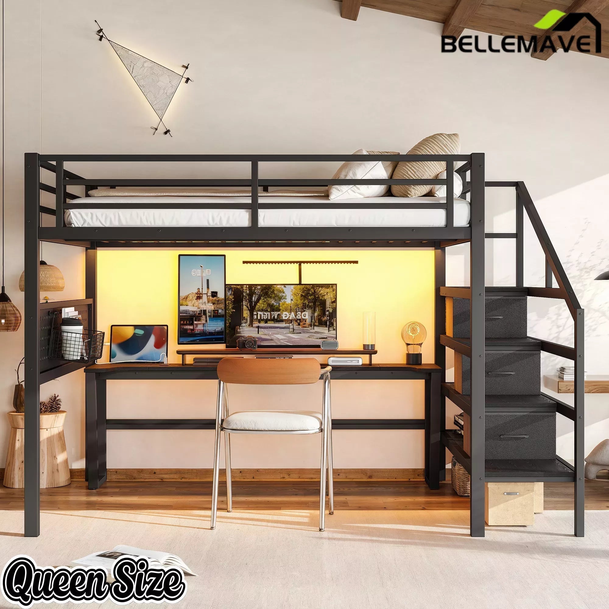 Bellemave® Loft Bed with Movable Desk, Storage Stairs & Shelves, Metal Bed with LED Lights, USB Ports, Multifunctional Iron Nets for Adults, Kids, Teens - Bellemave