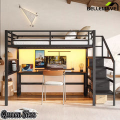 Bellemave® Loft Bed with Movable Desk, Storage Stairs & Shelves, Metal Bed with LED Lights, USB Ports, Multifunctional Iron Nets for Adults, Kids, Teens - Bellemave