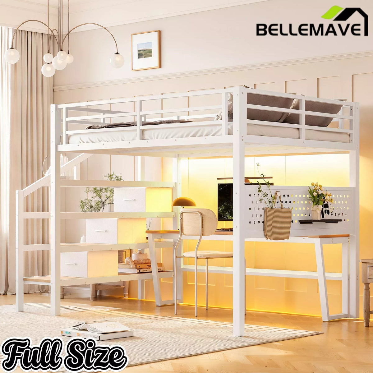 Bellemave® Loft Bed with Movable Desk, Storage Stairs & Shelves, Metal Bed with LED Lights, USB Ports, Multifunctional Iron Nets for Adults, Kids, Teens - Bellemave