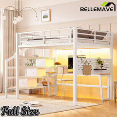 Bellemave® Loft Bed with Movable Desk, Storage Stairs & Shelves, Metal Bed with LED Lights, USB Ports, Multifunctional Iron Nets for Adults, Kids, Teens - Bellemave