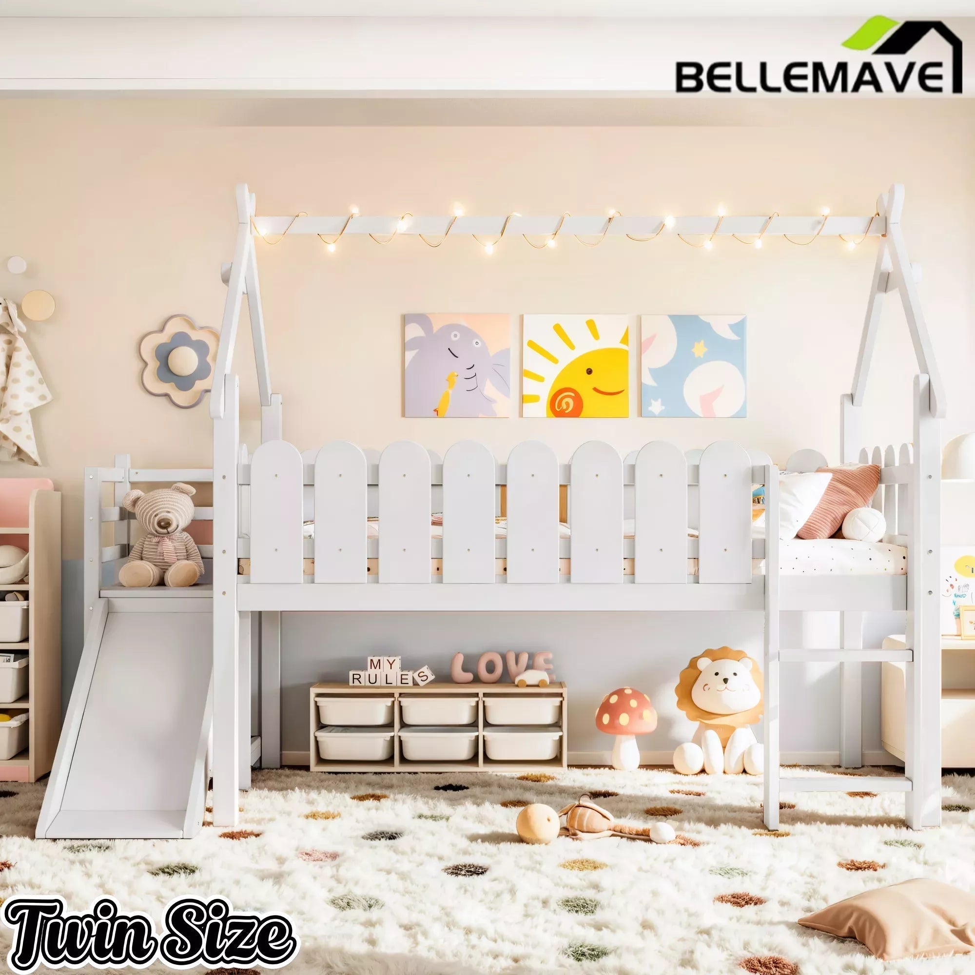 Bellemave® Loft Bed with Slide, Ladder, LED & House roof, Wood Low Loft Bed for Kids - Bellemave