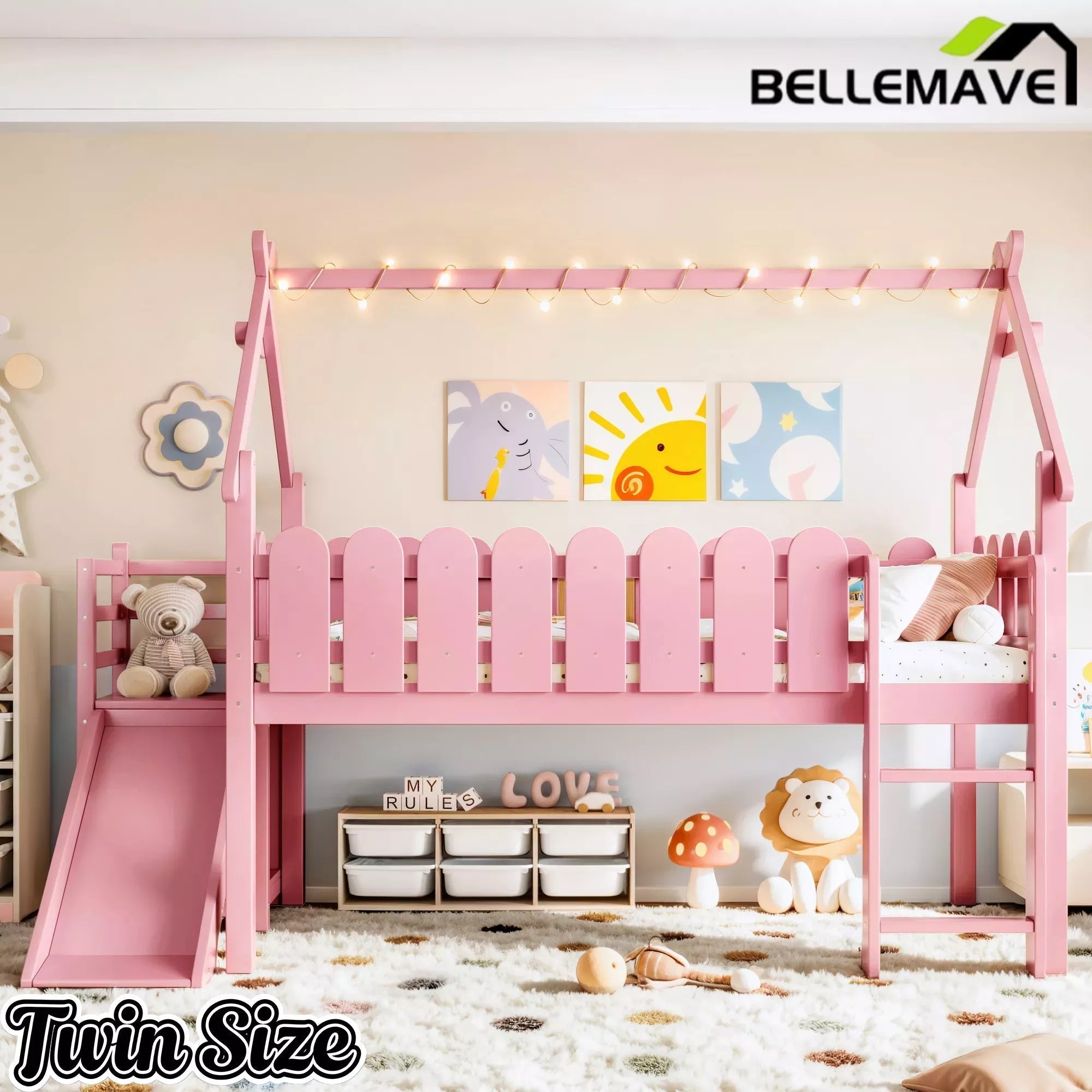Bellemave® Loft Bed with Slide, Ladder, LED & House roof, Wood Low Loft Bed for Kids - Bellemave