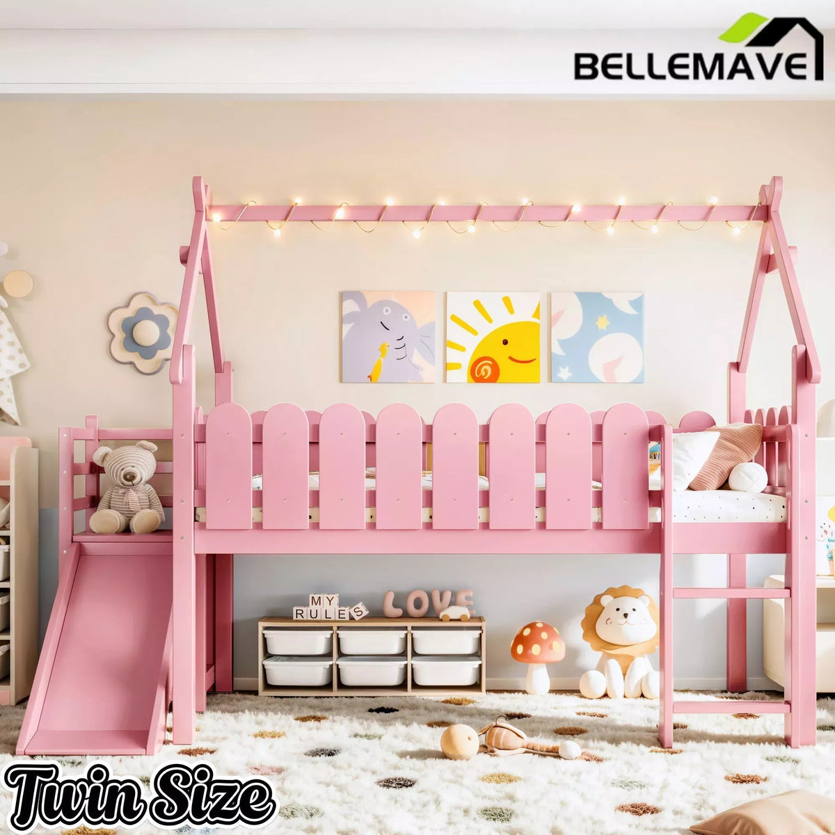 Bellemave® Loft Bed with Slide, Ladder, LED & House roof, Wood Low Loft Bed for Kids - Bellemave