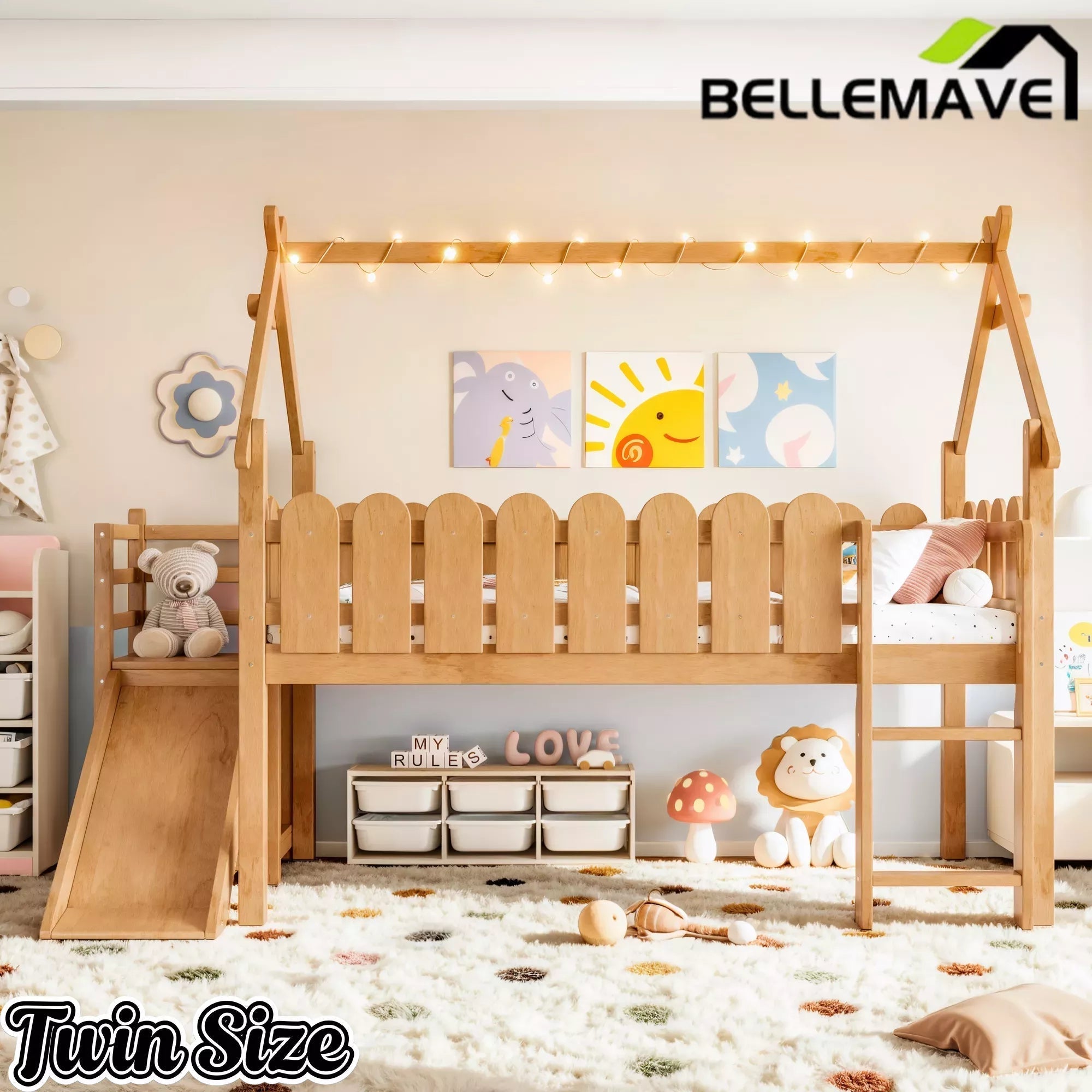 Bellemave® Loft Bed with Slide, Ladder, LED & House roof, Wood Low Loft Bed for Kids - Bellemave