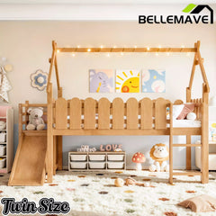 Bellemave® Loft Bed with Slide, Ladder, LED & House roof, Wood Low Loft Bed for Kids - Bellemave