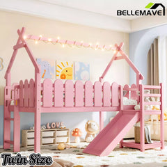 Bellemave® Loft Bed with Slide, Ladder, LED & House roof, Wood Low Loft Bed for Kids - Bellemave