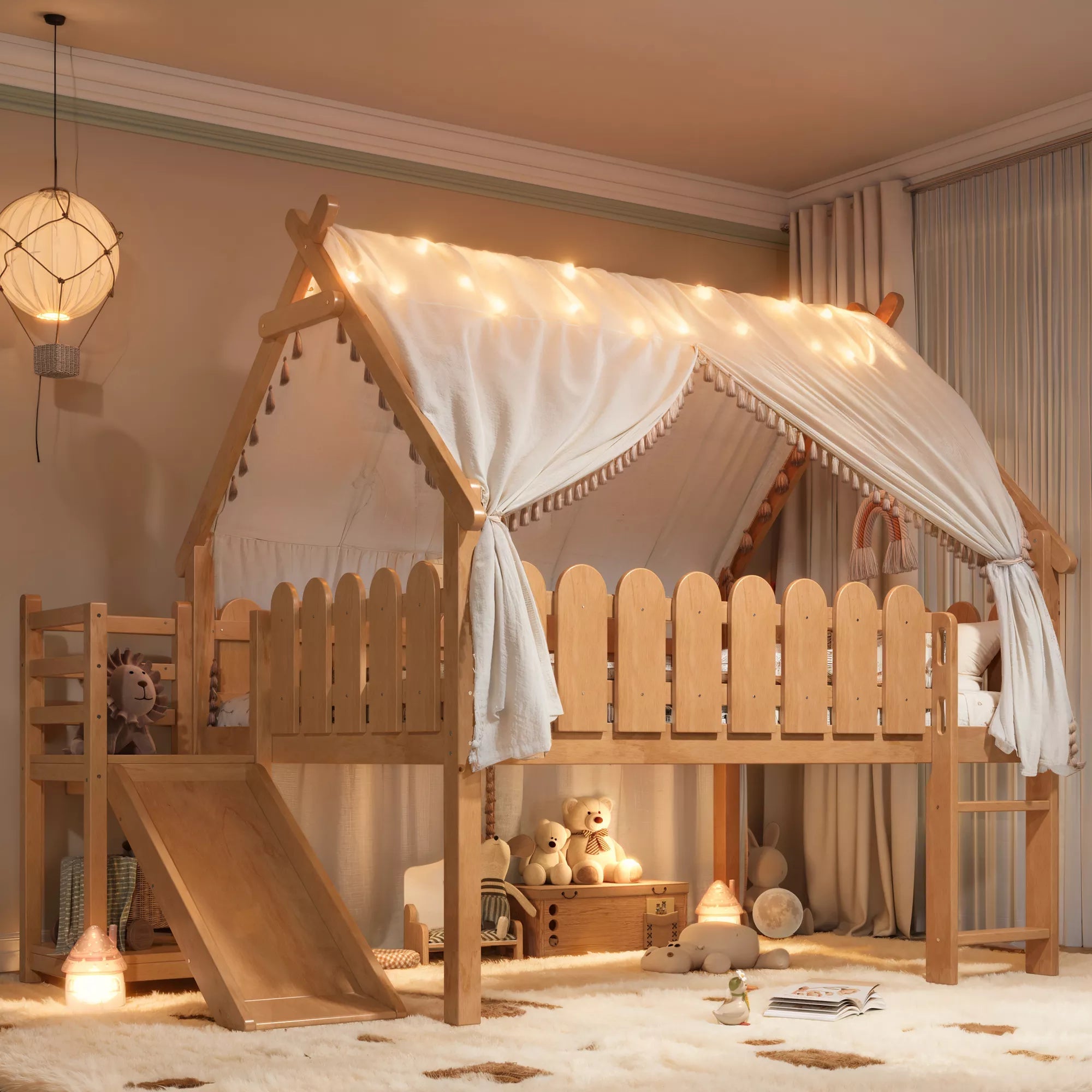 Bellemave® Loft Bed with Slide, Ladder, LED & House roof, Wood Low Loft Bed for Kids - Bellemave