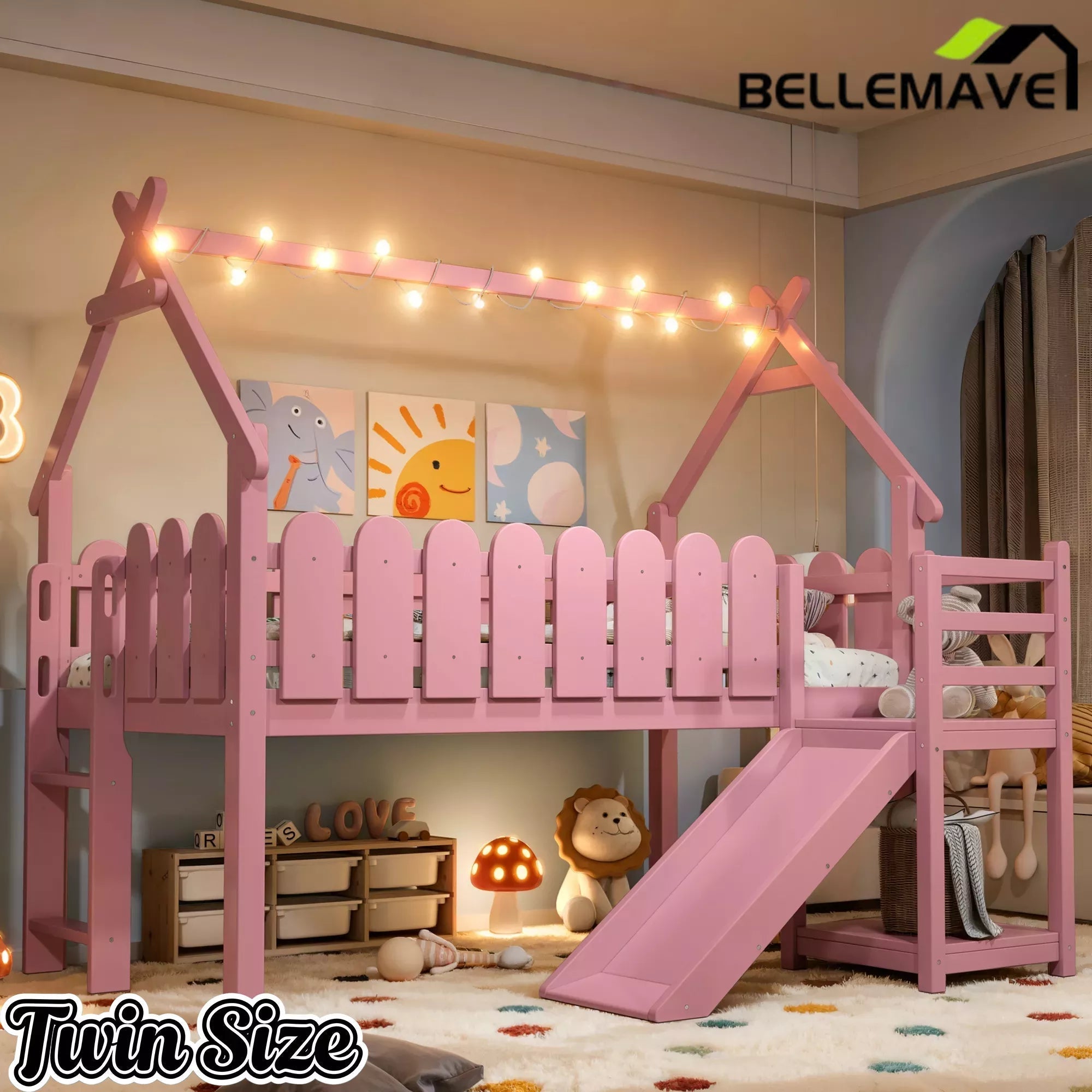 Bellemave® Loft Bed with Slide, Ladder, LED & House roof, Wood Low Loft Bed for Kids - Bellemave