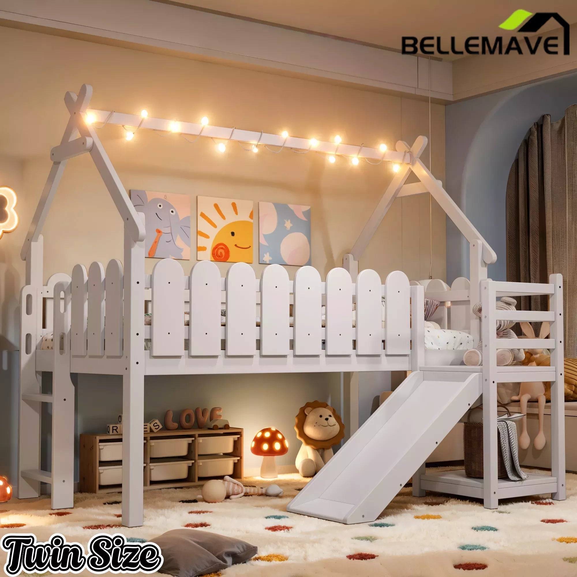 Bellemave® Loft Bed with Slide, Ladder, LED & House roof, Wood Low Loft Bed for Kids - Bellemave