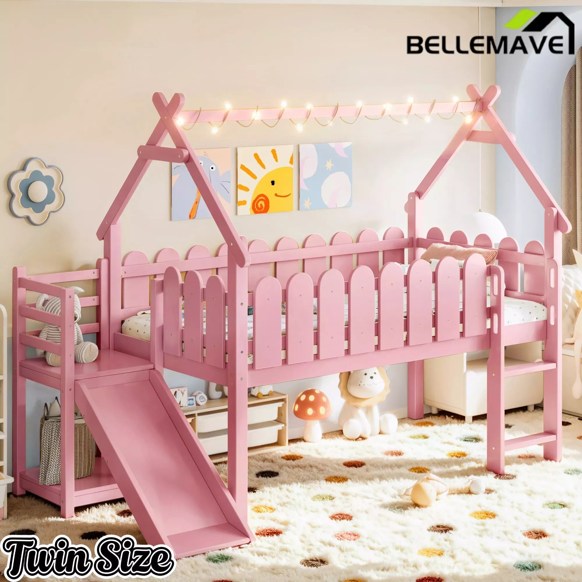 Bellemave® Loft Bed with Slide, Ladder, LED & House roof, Wood Low Loft Bed for Kids - Bellemave