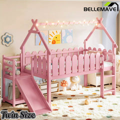 Bellemave® Loft Bed with Slide, Ladder, LED & House roof, Wood Low Loft Bed for Kids - Bellemave