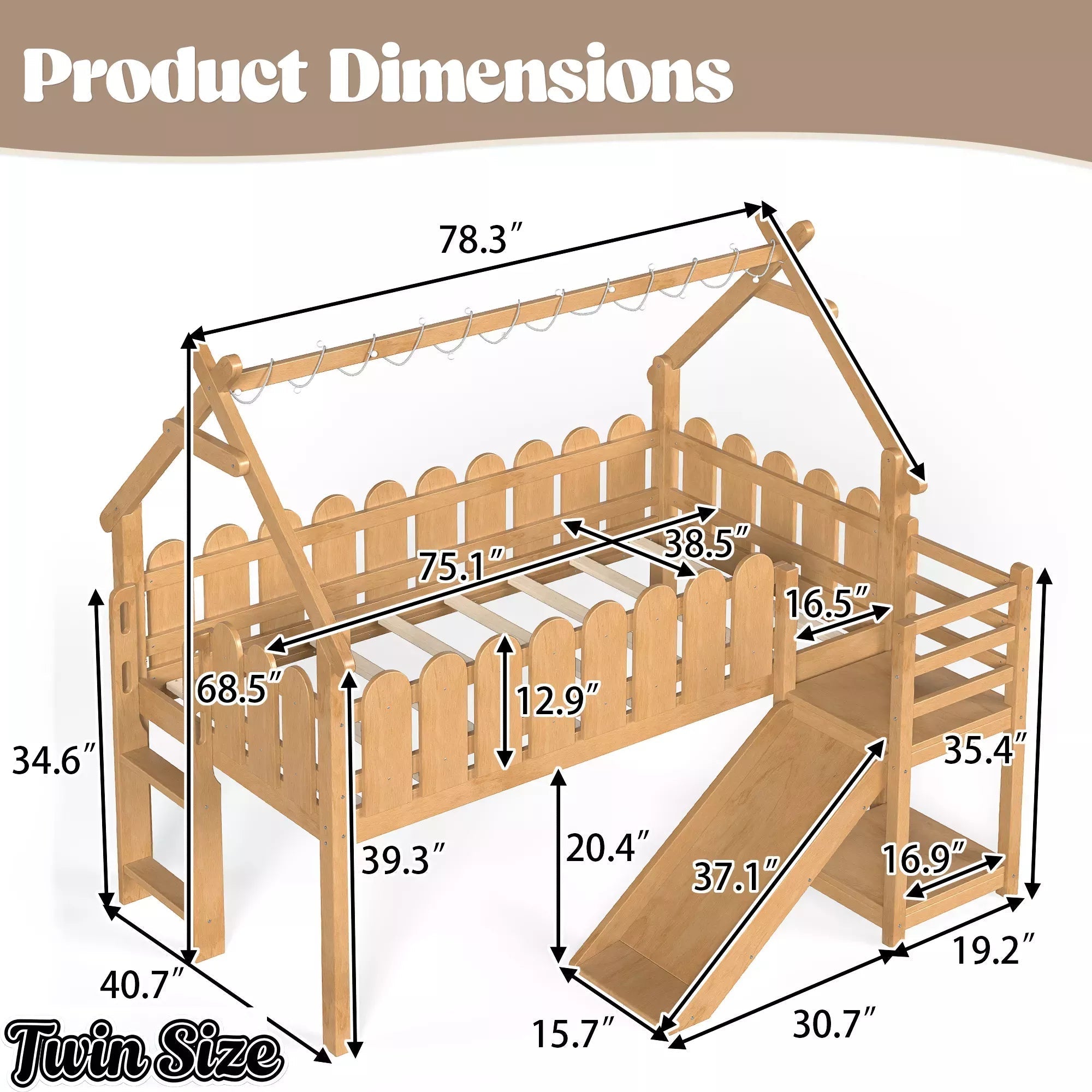 Bellemave® Loft Bed with Slide, Ladder, LED & House roof, Wood Low Loft Bed for Kids - Bellemave