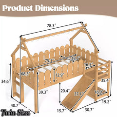 Bellemave® Loft Bed with Slide, Ladder, LED & House roof, Wood Low Loft Bed for Kids - Bellemave