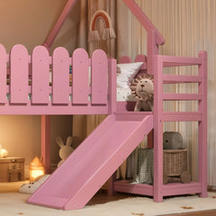 Bellemave® Loft Bed with Slide, Ladder, LED & House roof, Wood Low Loft Bed for Kids - Bellemave