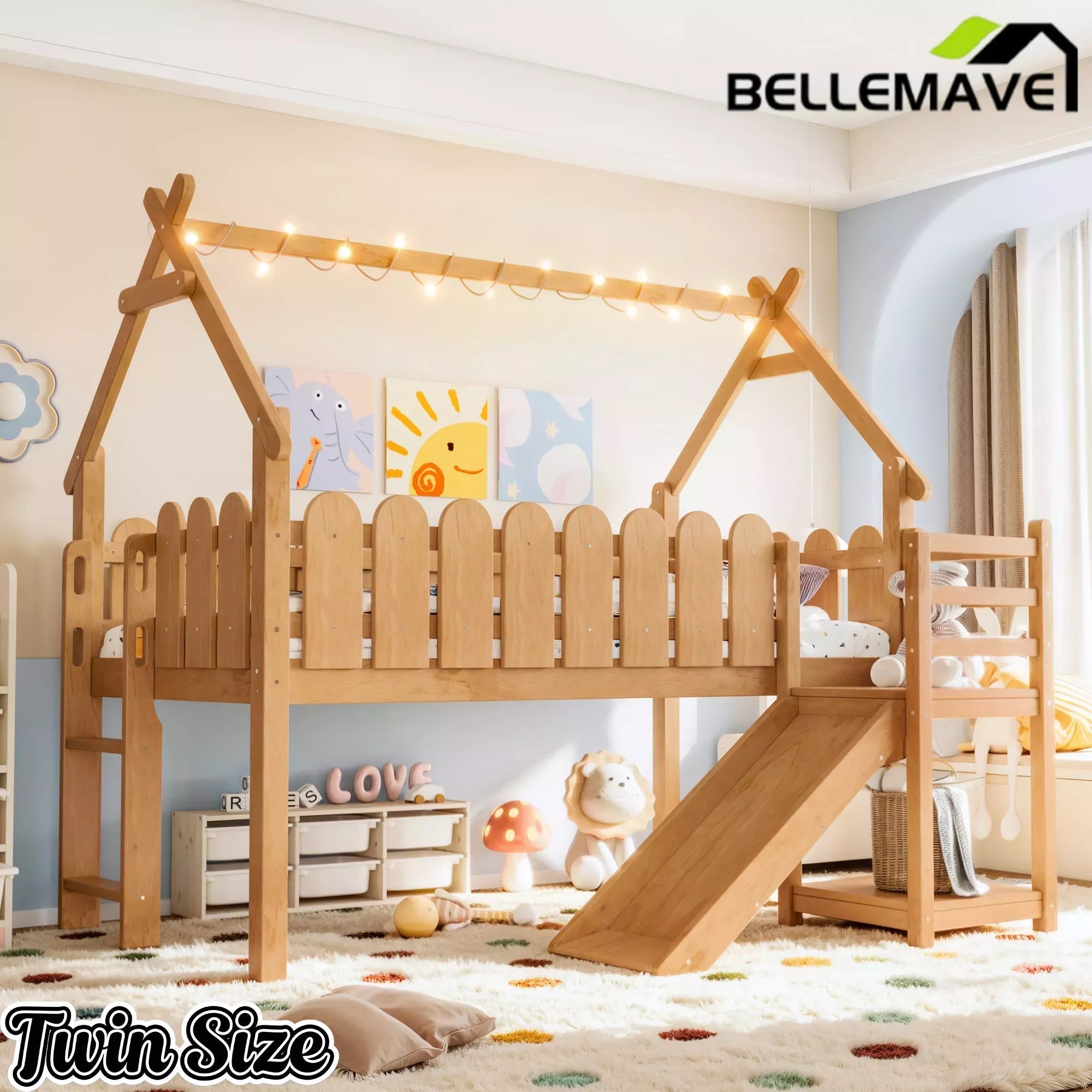 Bellemave® Loft Bed with Slide, Ladder, LED & House roof, Wood Low Loft Bed for Kids - Bellemave