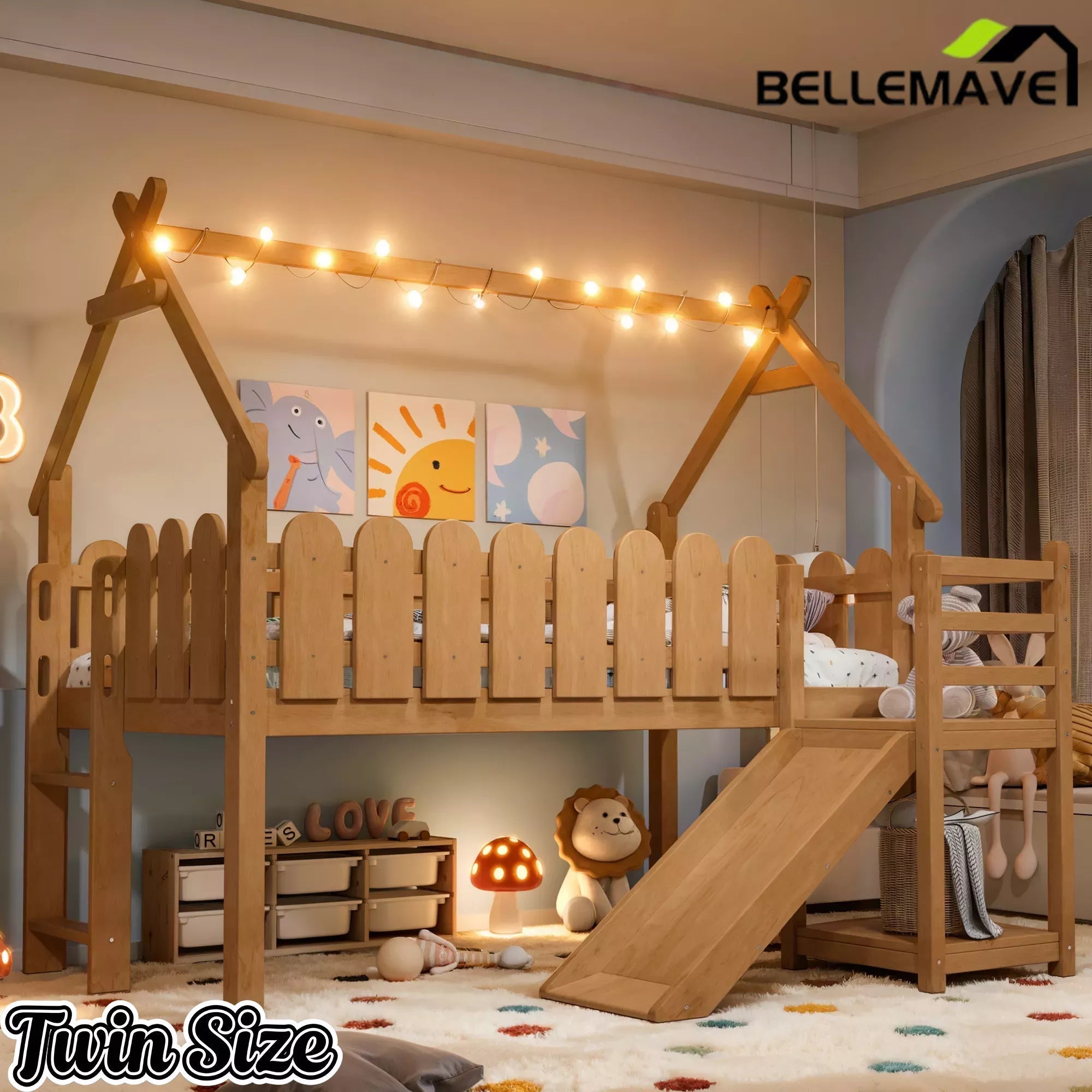 Bellemave® Loft Bed with Slide, Ladder, LED & House roof, Wood Low Loft Bed for Kids - Bellemave