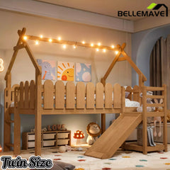 Bellemave® Loft Bed with Slide, Ladder, LED & House roof, Wood Low Loft Bed for Kids - Bellemave
