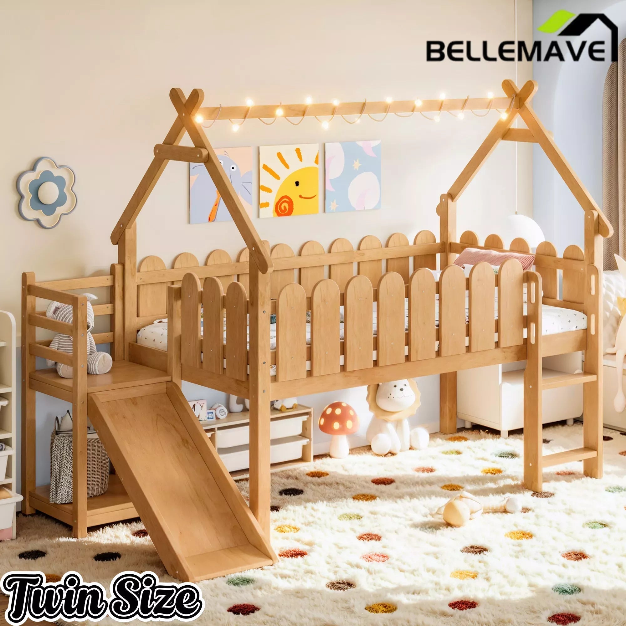Bellemave® Loft Bed with Slide, Ladder, LED & House roof, Wood Low Loft Bed for Kids - Bellemave