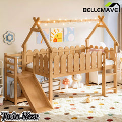 Bellemave® Loft Bed with Slide, Ladder, LED & House roof, Wood Low Loft Bed for Kids - Bellemave