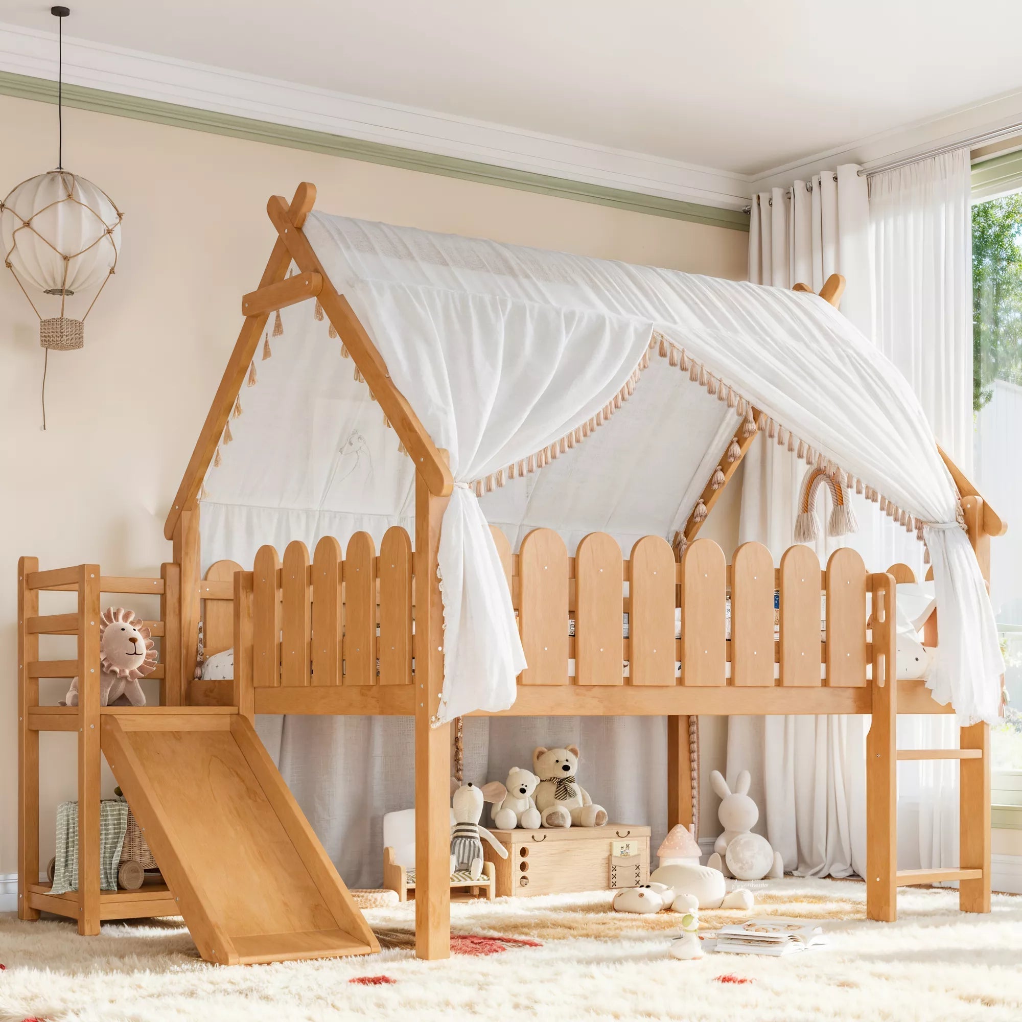 Bellemave® Loft Bed with Slide, Ladder, LED & House roof, Wood Low Loft Bed for Kids - Bellemave