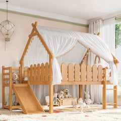 Bellemave® Loft Bed with Slide, Ladder, LED & House roof, Wood Low Loft Bed for Kids - Bellemave