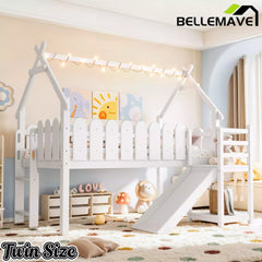 Bellemave® Loft Bed with Slide, Ladder, LED & House roof, Wood Low Loft Bed for Kids - Bellemave