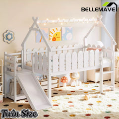 Bellemave® Loft Bed with Slide, Ladder, LED & House roof, Wood Low Loft Bed for Kids - Bellemave
