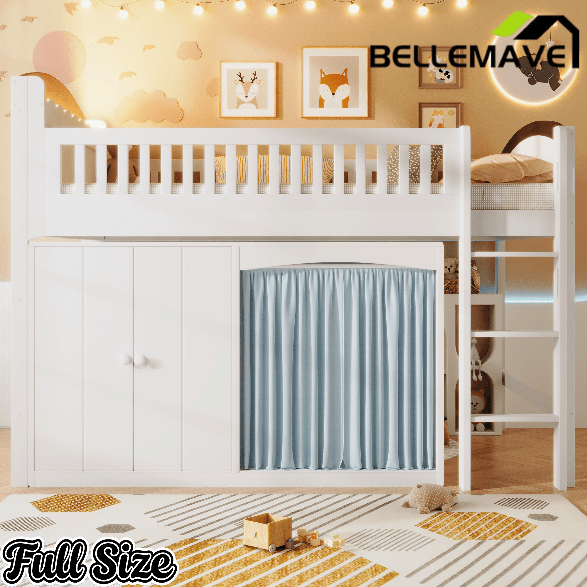 Bellemave® Loft Bed with Storage Cabinet, Wardrobe and LED – Space - Saving Kids & Teens Loft Bed - Bellemave