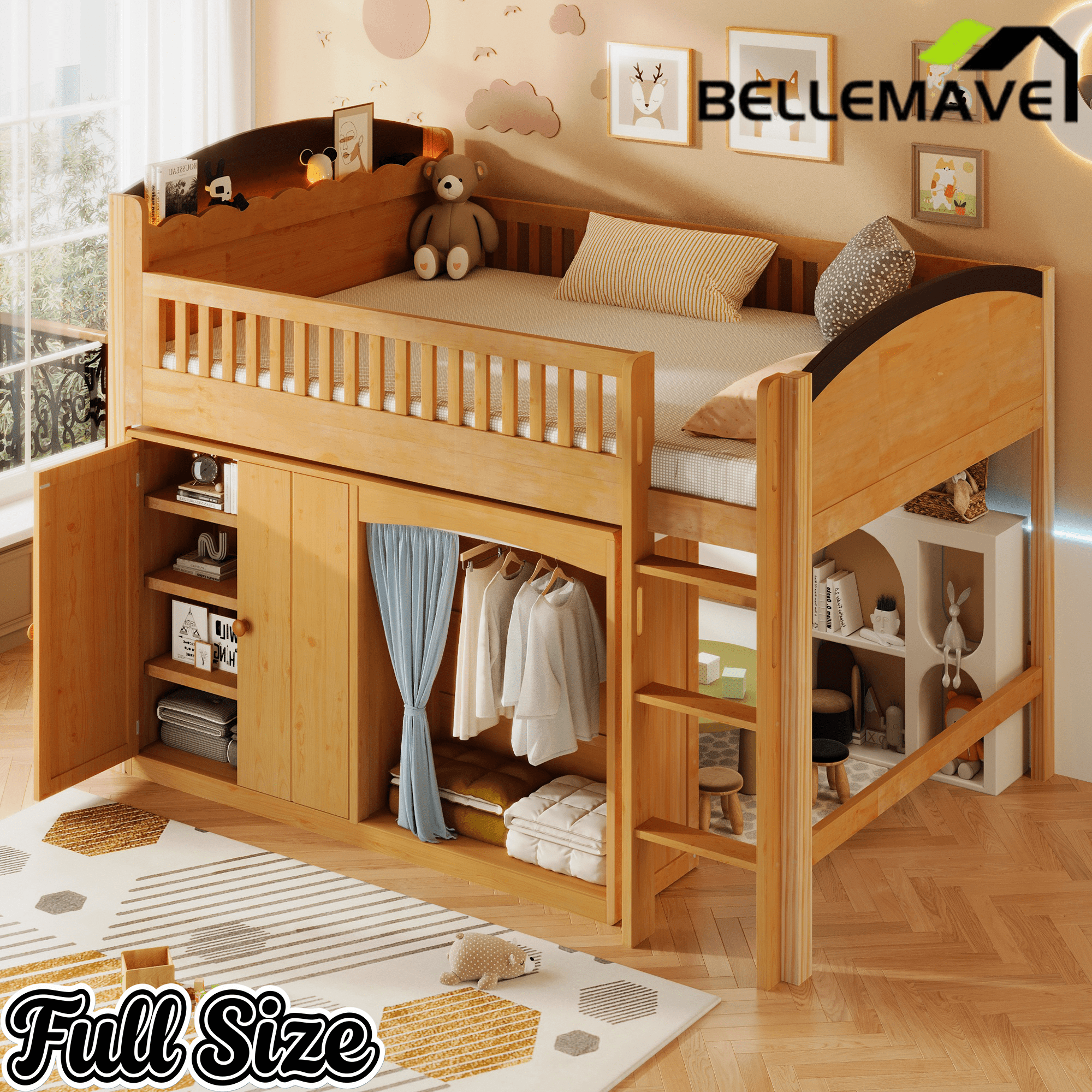 Bellemave® Loft Bed with Storage Cabinet, Wardrobe and LED – Space - Saving Kids & Teens Loft Bed - Bellemave