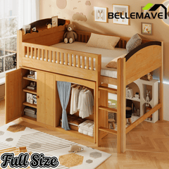 Bellemave® Loft Bed with Storage Cabinet, Wardrobe and LED – Space - Saving Kids & Teens Loft Bed - Bellemave