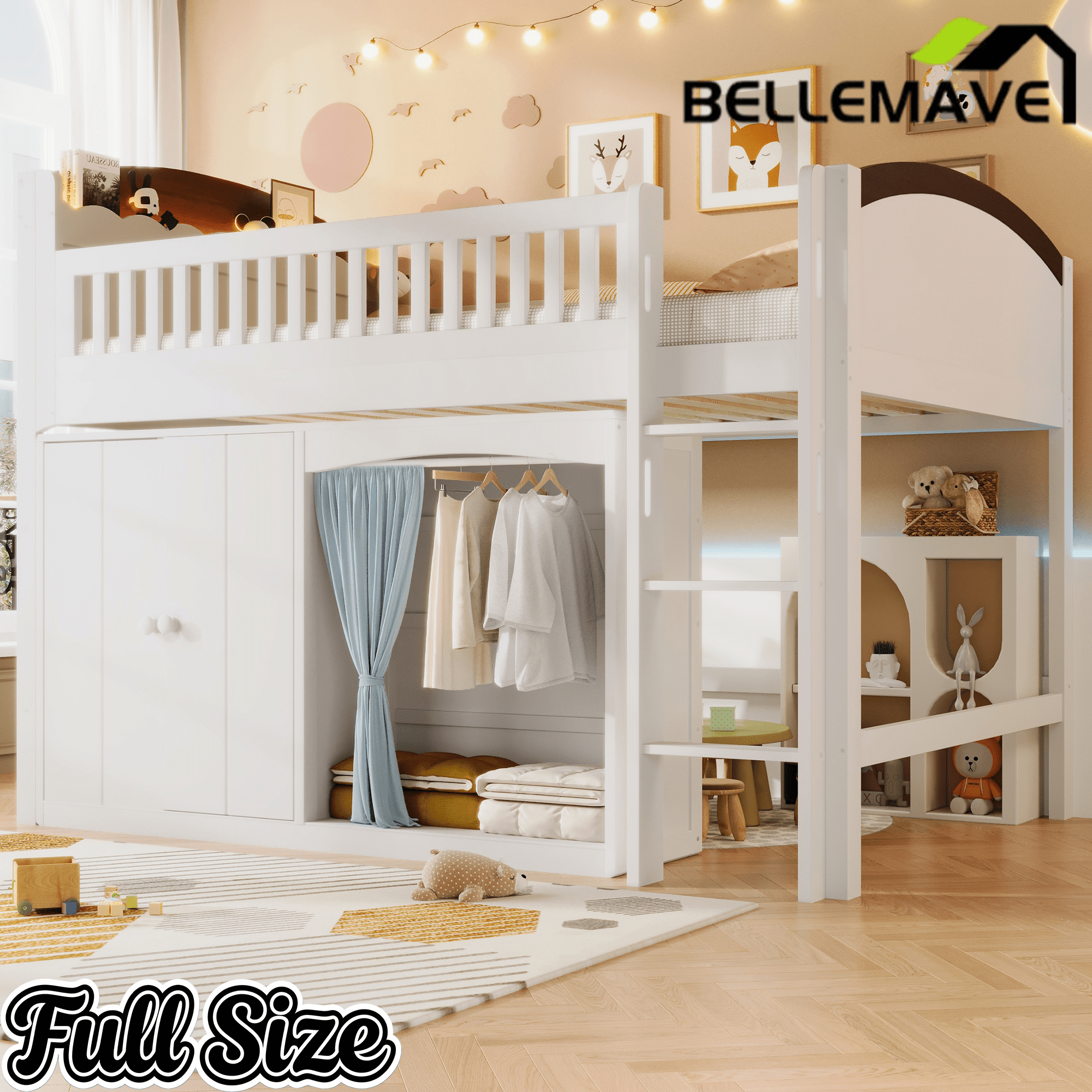 Bellemave® Loft Bed with Storage Cabinet, Wardrobe and LED – Space - Saving Kids & Teens Loft Bed - Bellemave