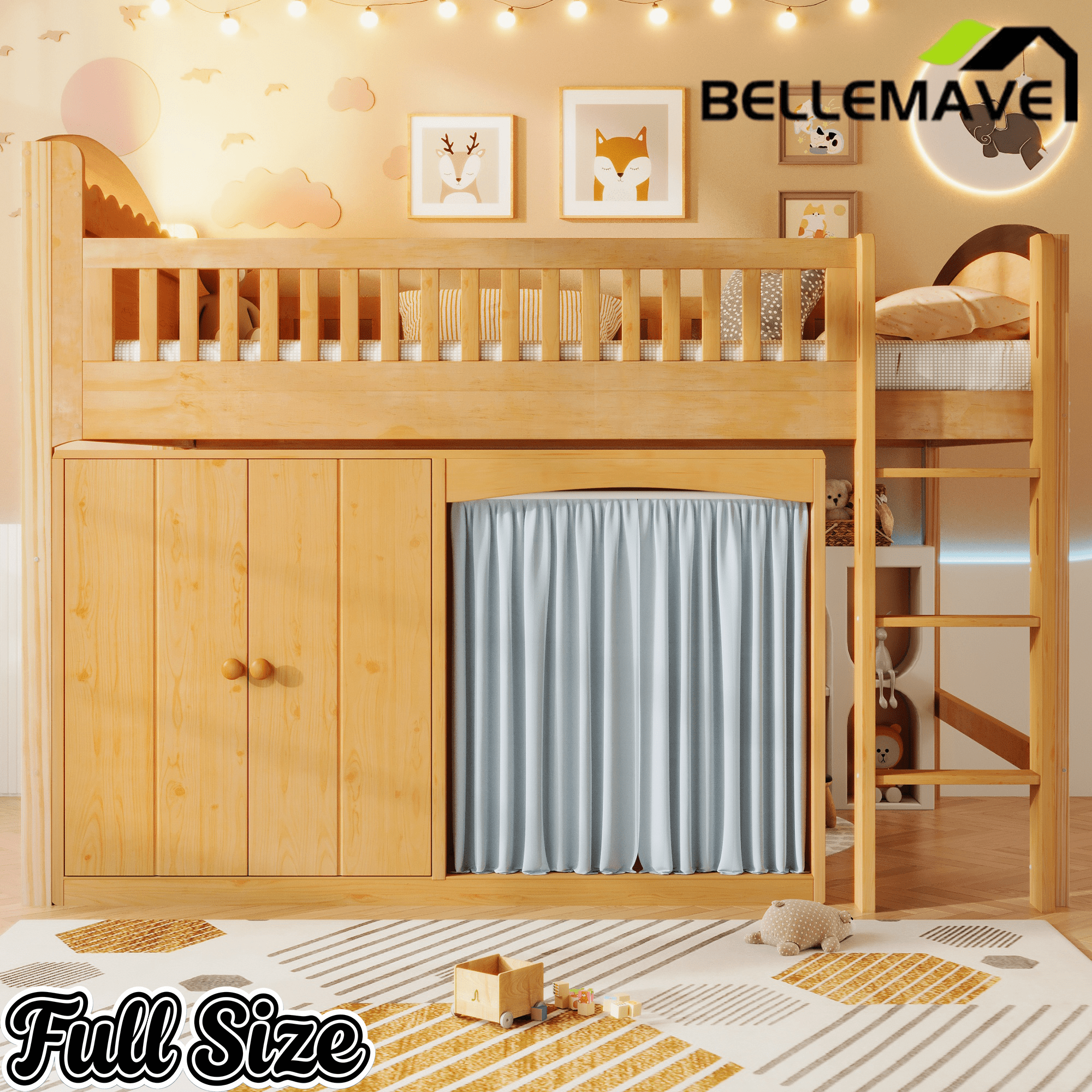 Bellemave® Loft Bed with Storage Cabinet, Wardrobe and LED – Space - Saving Kids & Teens Loft Bed - Bellemave