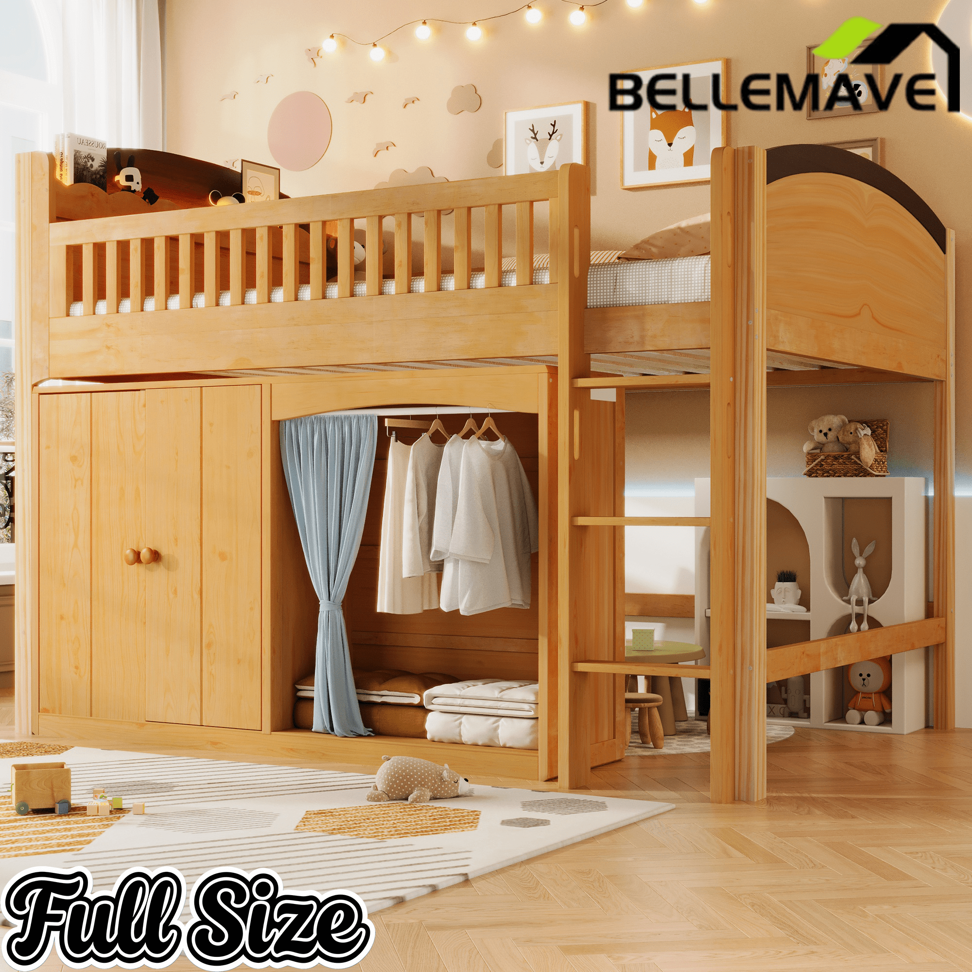 Bellemave® Loft Bed with Storage Cabinet, Wardrobe and LED – Space - Saving Kids & Teens Loft Bed - Bellemave
