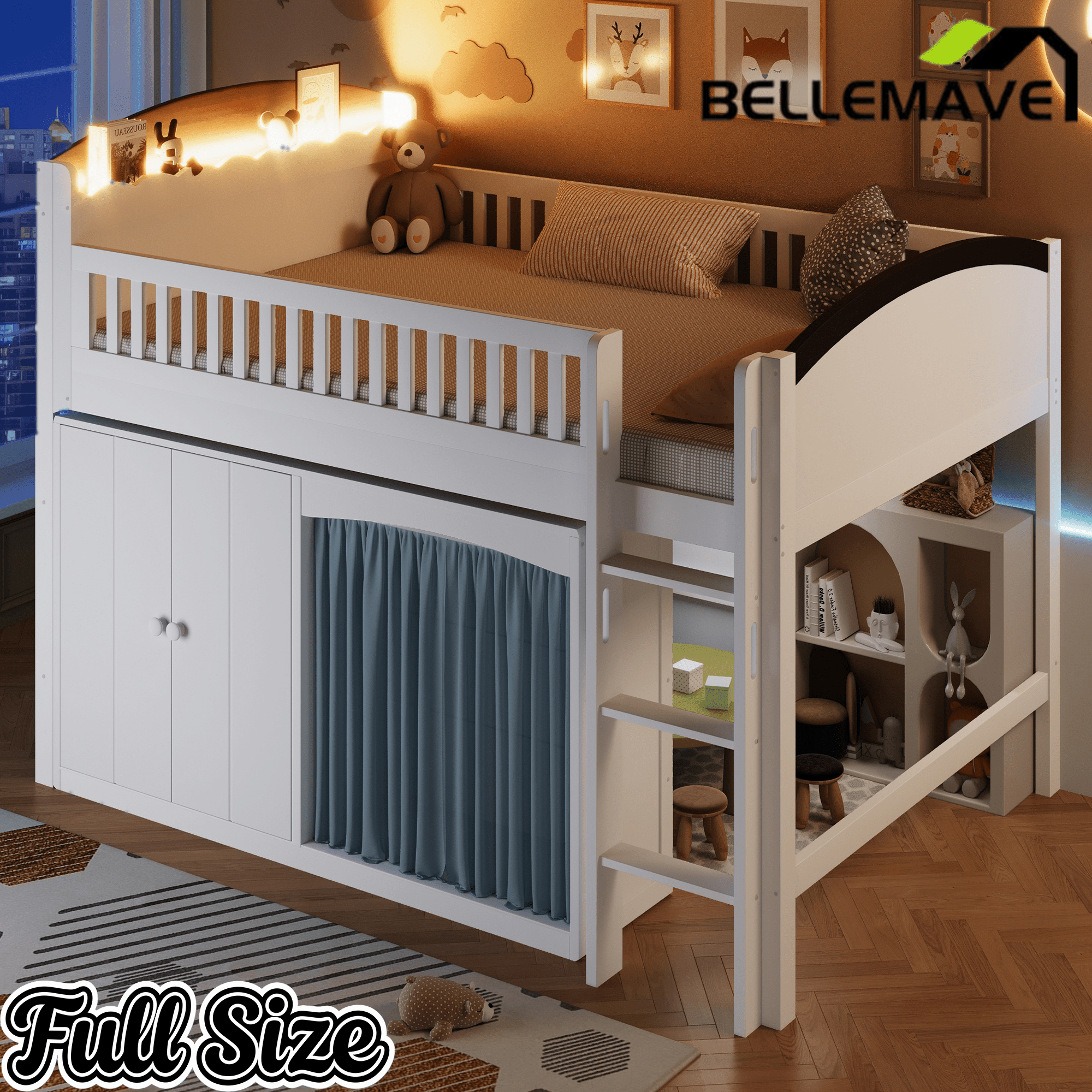 Bellemave® Loft Bed with Storage Cabinet, Wardrobe and LED – Space - Saving Kids & Teens Loft Bed - Bellemave