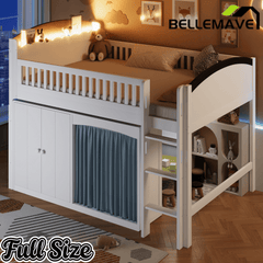 Bellemave® Loft Bed with Storage Cabinet, Wardrobe and LED – Space - Saving Kids & Teens Loft Bed - Bellemave