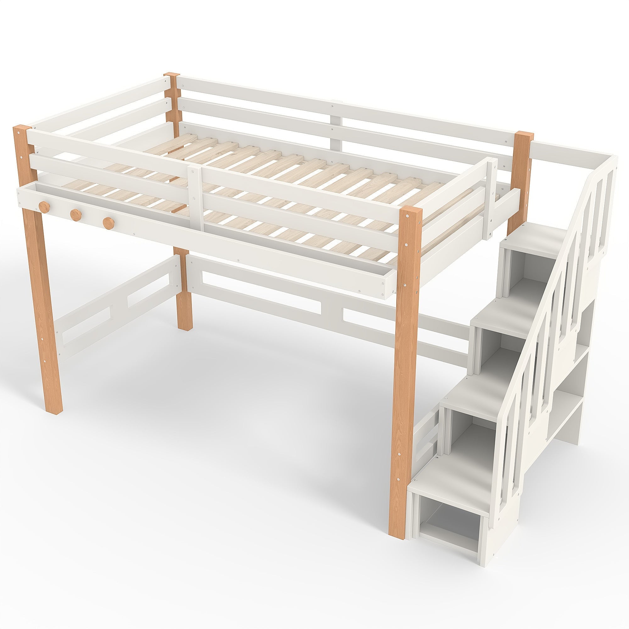 Bellemave® Loft Bed with Storage Stairs and Shelves, Solid Wood Loft Bed Frame with Clothes Hook,for Bedroom, Guest, Dorms - Bellemave