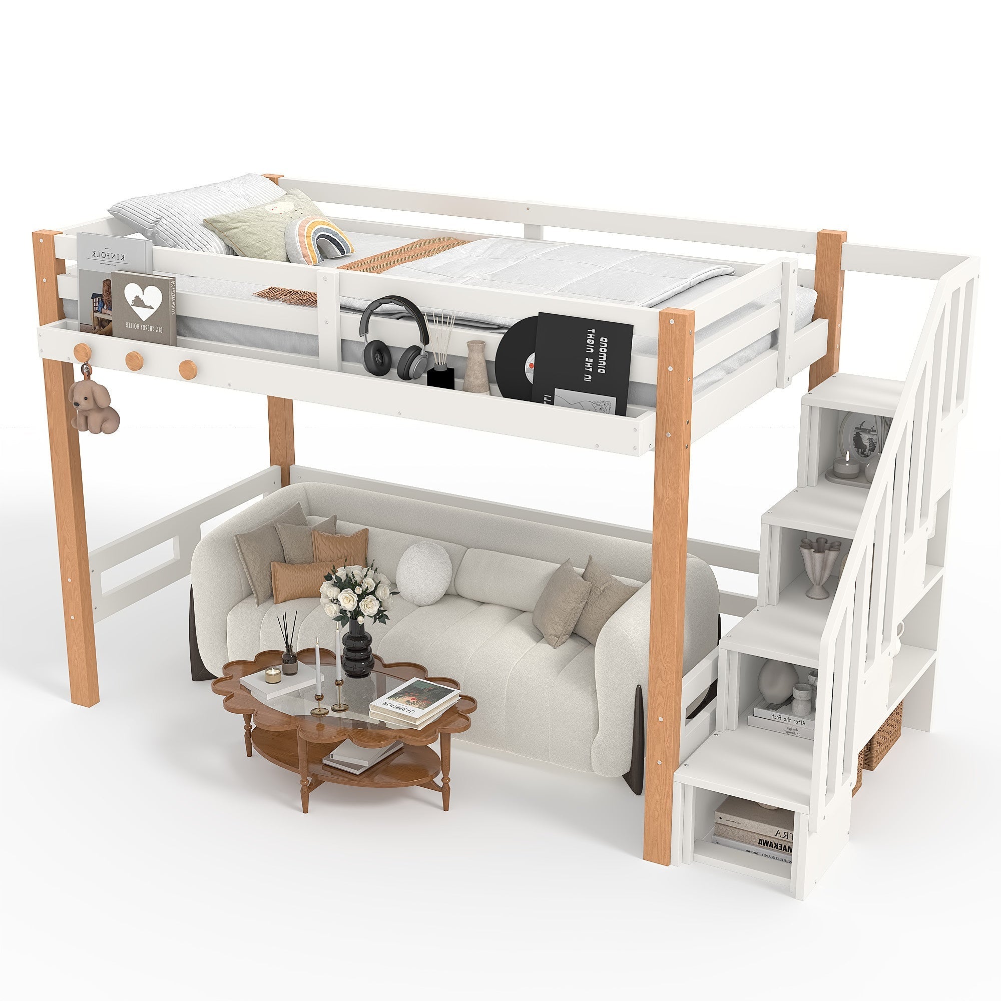 Bellemave® Loft Bed with Storage Stairs and Shelves, Solid Wood Loft Bed Frame with Clothes Hook,for Bedroom, Guest, Dorms - Bellemave