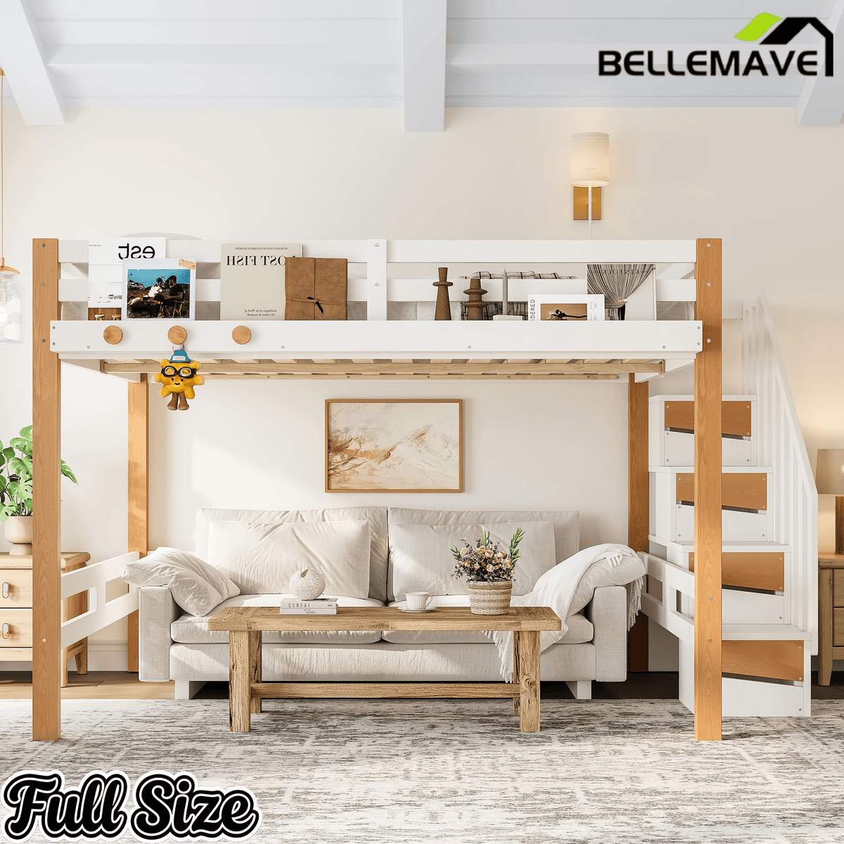Bellemave® Loft Bed with Storage Stairs and Shelves, Solid Wood Loft Bed Frame with Clothes Hook,for Bedroom, Guest, Dorms - Bellemave