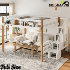 Bellemave® Loft Bed with Storage Stairs and Shelves, Solid Wood Loft Bed Frame with Clothes Hook,for Bedroom, Guest, Dorms - Bellemave
