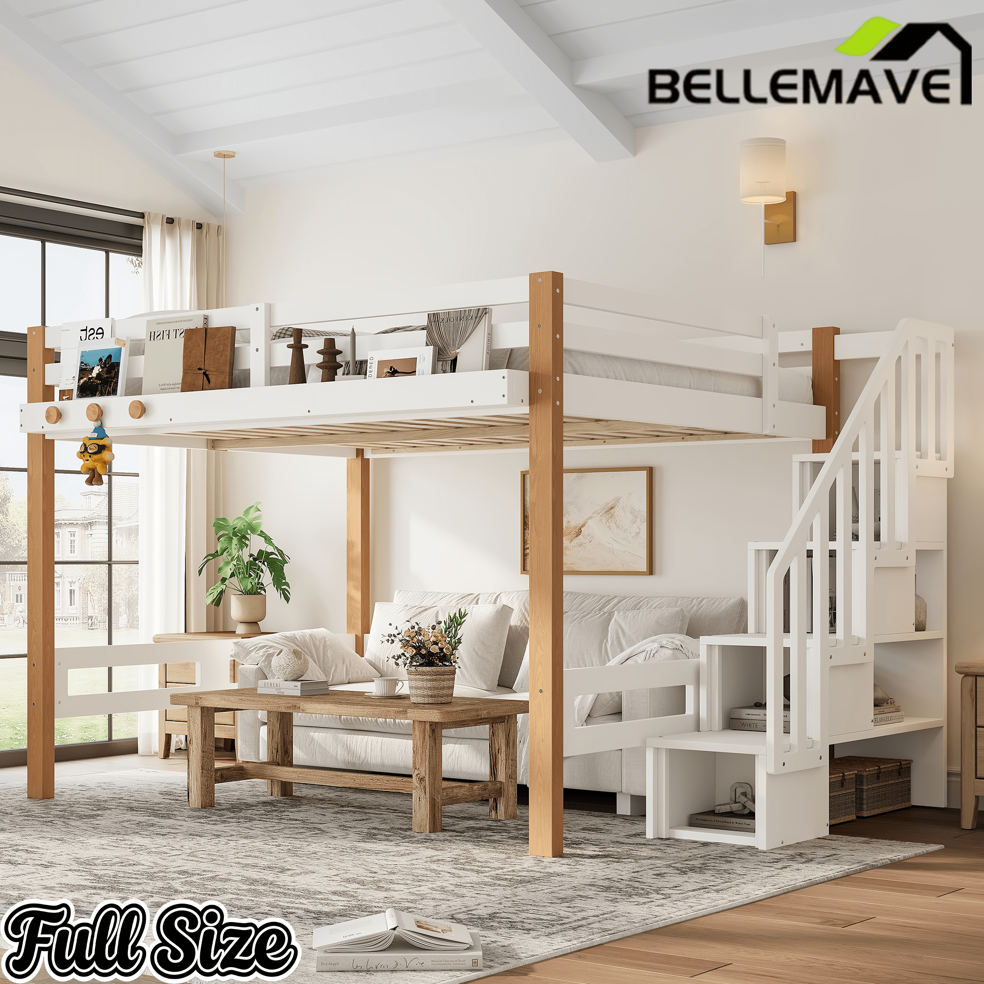 Bellemave® Loft Bed with Storage Stairs and Shelves, Solid Wood Loft Bed Frame with Clothes Hook,for Bedroom, Guest, Dorms - Bellemave