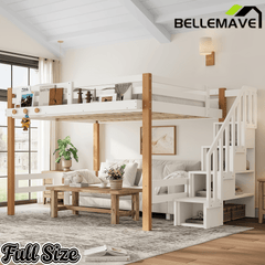 Bellemave® Loft Bed with Storage Stairs and Shelves, Solid Wood Loft Bed Frame with Clothes Hook,for Bedroom, Guest, Dorms - Bellemave