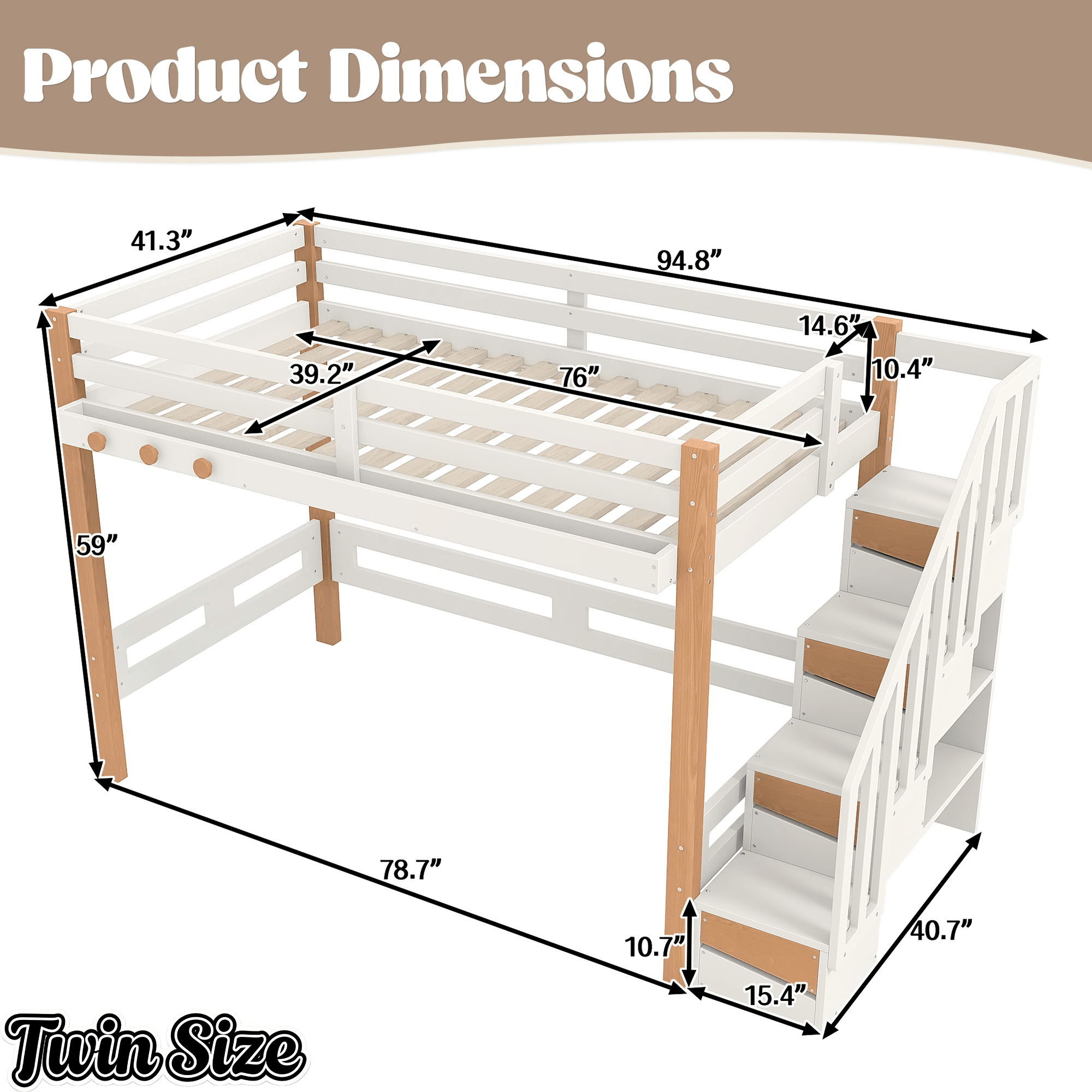 Bellemave® Loft Bed with Storage Stairs and Shelves, Solid Wood Loft Bed Frame with Clothes Hook,for Bedroom, Guest, Dorms - Bellemave