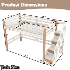 Bellemave® Loft Bed with Storage Stairs and Shelves, Solid Wood Loft Bed Frame with Clothes Hook,for Bedroom, Guest, Dorms - Bellemave