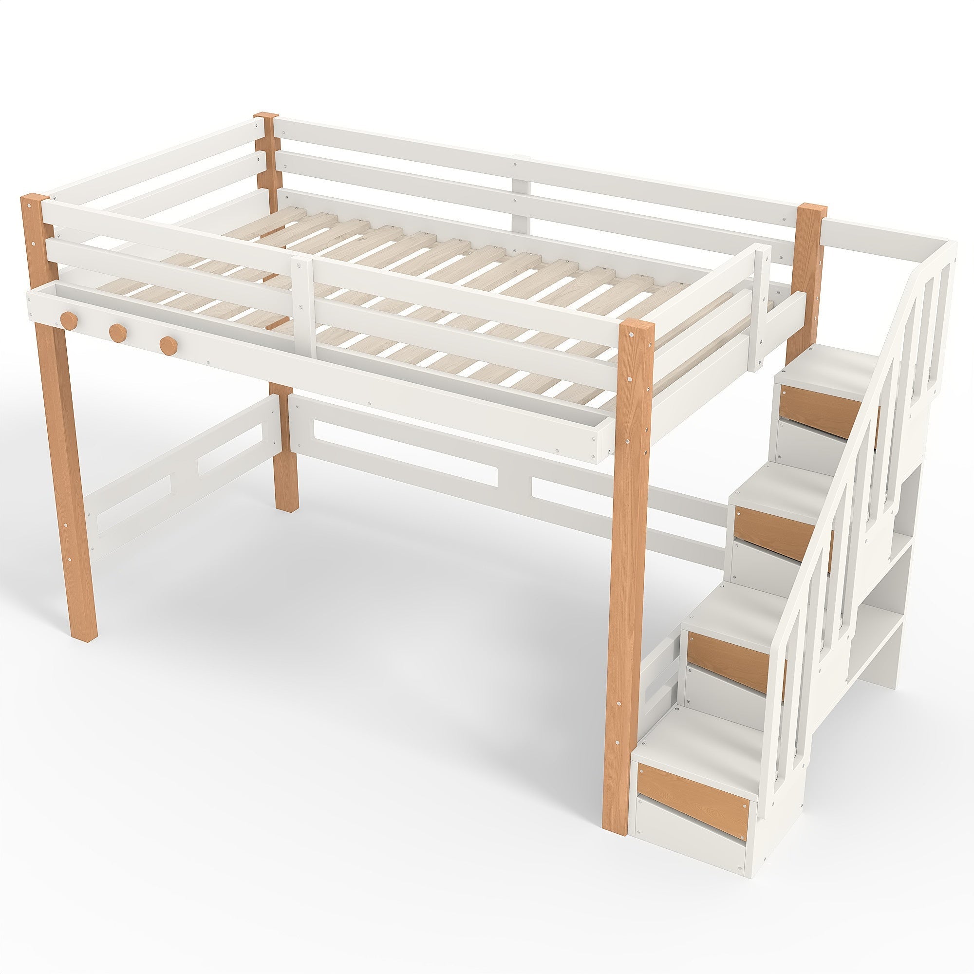 Bellemave® Loft Bed with Storage Stairs and Shelves, Solid Wood Loft Bed Frame with Clothes Hook,for Bedroom, Guest, Dorms - Bellemave
